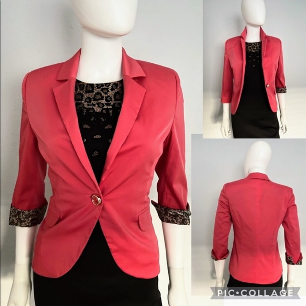 NEW WOMEN BLAZER SINGLE-BREASTED JACKET 3/4 SLEEVES LINED NOTCHED COLLAR CORAL‎